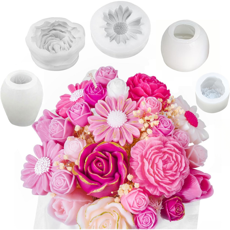 Candle Making Set - 5 Çiçekli Mum Kalıp Seti, 3D